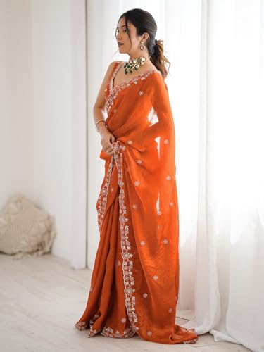 Image of Satrani Women's Tissue Silk Scalloped Border Sequins Embroidery Saree with Unstitched Blouse Piece
