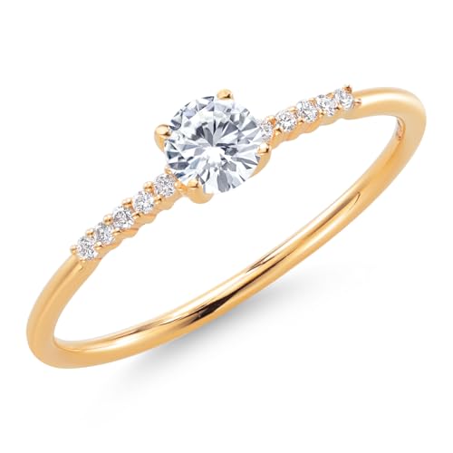 Gem Stone King 10K Yellow Gold 4MM Round Gemstone Birthstone and White Lab Grown Diamond Engagement Ring | Wedding Anniversary Promise Gold Ring For Women | Available In Size 5, 6, 7, 8, 93