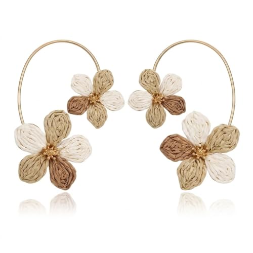 Raffia Flower Earrings for Women, Boho Tropical Hawaiian Havana Style Floral Dangle Earrings, Summer Beachy Vacation Accessories Gift (White + Beige + Brown) by QXFQJT - Used condition - US$6.73