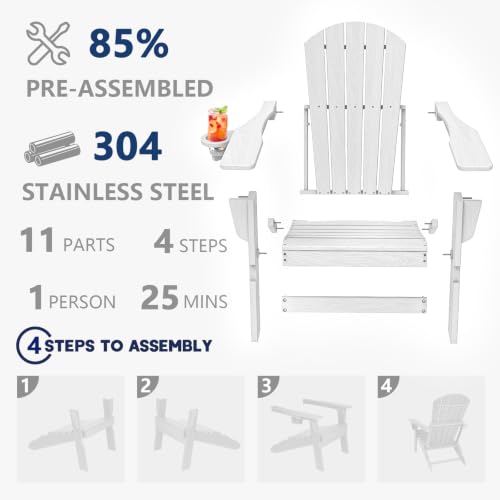 Image of Plawdlik Folding Adirondack Chair 9-piece Set, Cup Holder, White | pin-free folding, 38-in tall back, Wood-grain All-weather HDPE; for fire pit, poolside, deck, backyard, patio