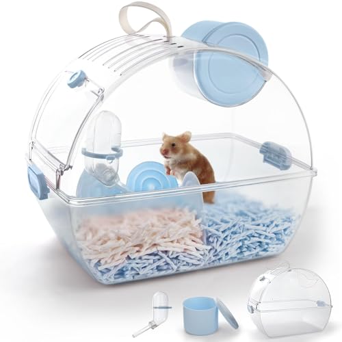 Small Portable Hamster Cages,13×8.2×10.8 Inch Hamster Carrier with Water Bottle,Dwarf Hamster Travel Cage with Storage Box,360º Transparent Acrylic Pet Travel Carrier,Mouse Gerbil Cage(Blue)