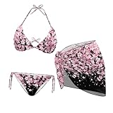 Irisjudy Cherry Blossoms Women Sexy 3 Piece Bikini Set Pink Cherry Flower Sarong Swimsuit Cover Ups Bathing Suit Starry Sky Floral Chiffon Beach Wrap Skirts