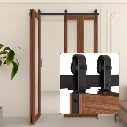Enconker Kit de herrajes para puerta corredera de granero plegable de 52 pulgadas para 4 puertas, sistema de riel modular con rodillos montados laterales, solución plegable suave y que ahorra espacio,