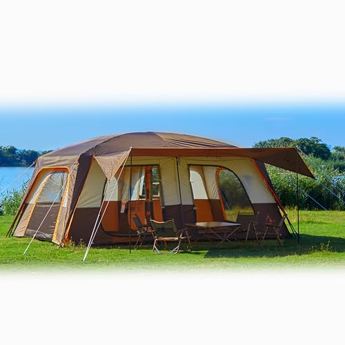 KTT Extra Large Tent 12-14 Person,Family Cabin Tents,2 Rooms,Straight Wall,2 Doors 4 Windows with Mesh,Waterproof,Straight Wall,Big Tent for Outdoor,Picnic,Camping,Gathering(Brown)