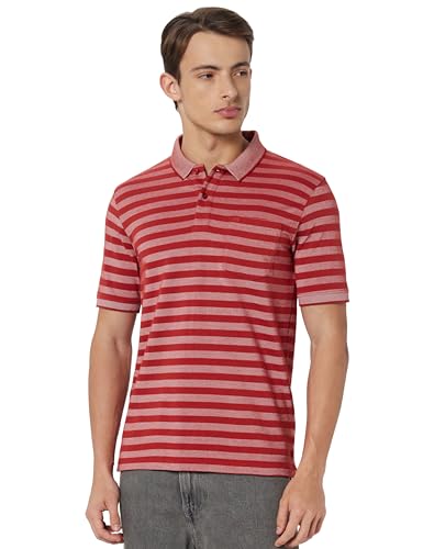 Image of Peter England Men's Cotton-Polyester Blend Striped Polo T-Shirt | Casual Wear | Durable & Trendy