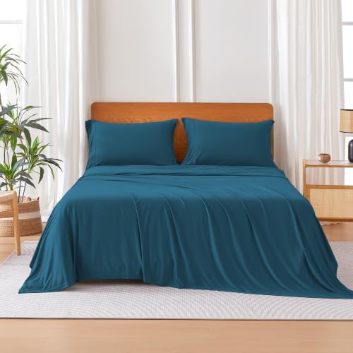 Image of Amazon Basics Jersey Knit 4-Piece Sheet Set, Wrinkle Resistant and Easy Fit, Includes 16 inch Deep Pocket Fitted Sheet, 1 Flat Sheet and 2 Pillowcases, King, Dark Teal