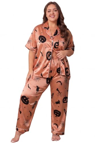 Image of Vozanet Women's Button Down Satin Pajama Sets Silky Short Sleeve Top & Pants Plus Size Loungewear Classic Sleepwear XL to 5XL