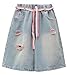 Happy Cherry Girls Straight Leg Long Jean Shorts Elastic High Waist Ripped Shorts Straight Leg Denim Shorts Casual Blue Midi Shorts with Pockets Blue 10-11 Years 2024 Fashion