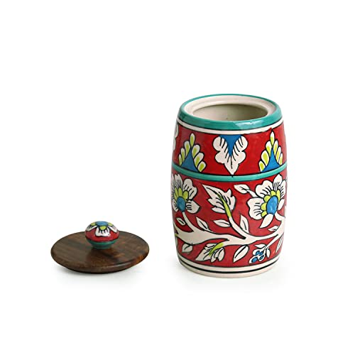 Image of ExclusiveLane 'Mughal Drum' Multi Utility Storage Ceramic Jar For Kitchen Storage With Wooden Lid (Airtight,570 ML)|Ceramic Jars And Container For Kitchen Storage Airtight Container For Kitchen,Red