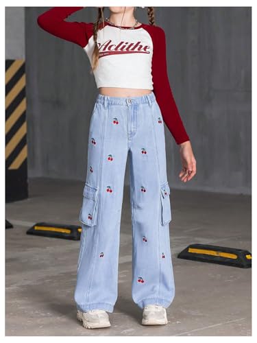 WDIRARA Girl's Cherry Print Cargo Jeans Elastic Waist Wide Leg Denim Pants with Flap Pockets4