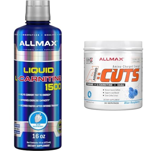 ALLMAX Nutrition – L-Carnitine Liquid + Vitamin B5 – Blue Raspberry – 473 ml & ACUTS – Amino Acid Powder Supplement with Taurine, L-Carnitine, Green Coffee Bean Extract – Blue Raspberry – 252 g