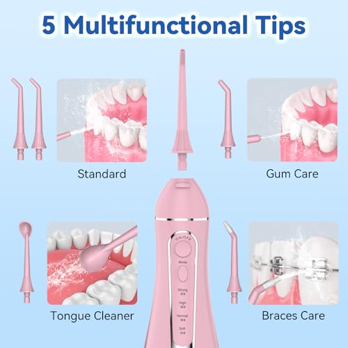 Image of Cordless Portable Water Flosser with 300ML Tank: Rechargeable Oral Irrigator with 5 Tips for Travel, Braces Care and Sensitive Gums, IPX7 Waterproof Teeth Cleaning Device(Pink)