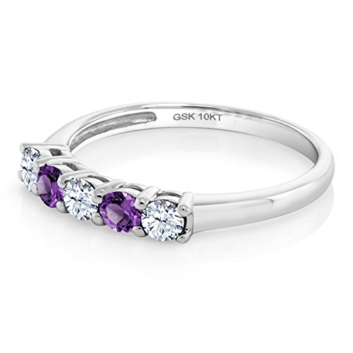 10K White Gold White Created Sapphire and Purple Amethyst 5 Stone Wedding Engagement Promise Ring For Women | 0.59 Cttw | Round 3MM | Gemstone Birthstone | Available In Size 5, 6, 7, 8, 94