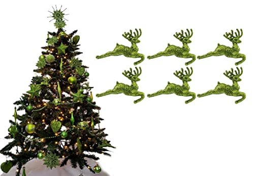 Pack of 6 - Hanging Glitter Reindeer Christmas Tree Decorations - 2.2cm x 9.5cm (Lime)