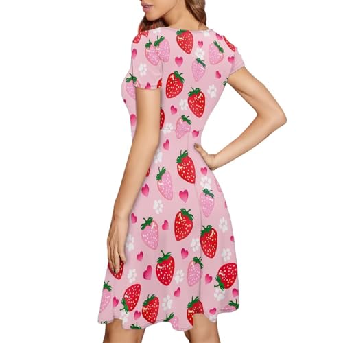 Image of AFPANQZ Summer Dresses for Women Casual T-Shirt Short Sleeve Dresses, Strawberry Paw Swing Flowy Beach Vacation Sundress for Vacation(S-4XL)