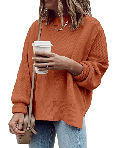 Saodimallsu Damen Oversized Langarm Pullover Gerippter Rundhals Sweater Seitenschlitz Strickpullover für Herbst und Winter Orange M