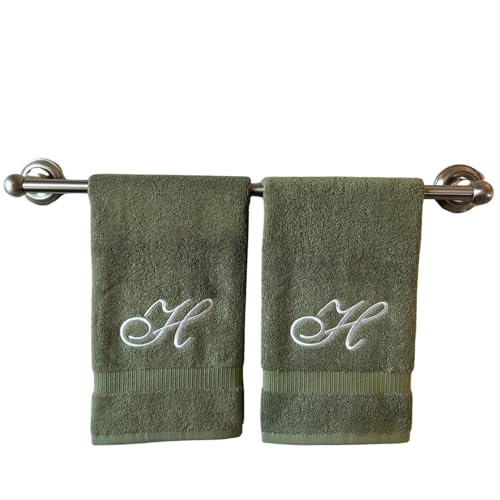 Decorvo Sage Monogrammed Hand Towels for Bathroom - Luxury Hotel Quality Personalized Initial Embroidered Towel for Powder Room, Spa - GOTS Organic Certified - Set of 2 White Letter H