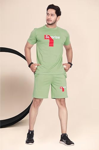 Image of HOODMASTER Men's Cotton Night Suit Set of Top & Knee Length Shorts with Round Neck Half Sleeves Solid Pattern Regular Fit and Standard Length | Mens Cotton Night Suit | T-Shirt and Shorts Sets