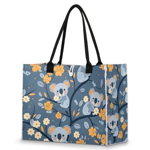 Flowers Cute Koala Tote Bag for Women Large Beach Bag Reusable Tote Bags for Work Travel Beach Shopping