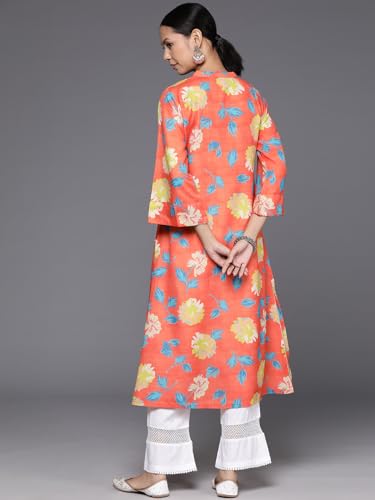 Image of Varanga Women Orange Floral Printed V-Neck A-Line Kurta with Side Slits