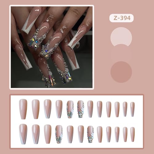 White French Tips Press on Nails Long Square Fake Nails Rhinestone Glue on Nails Flower Charm Stick on Nails Nude False Nails Glossy Reusable Acrylic Nails for Women Girls Manicure 24pcs - Thumbnail 2