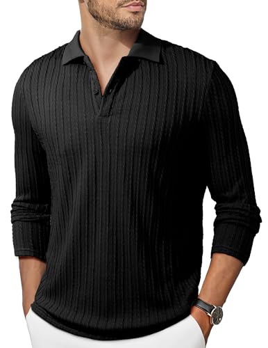 Mens Long Sleeve Polo Shirts Casual Collared Golf Polo T Shirts Button Down Texture Ribbed Knit Pullover Tee