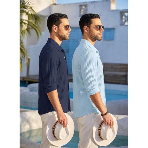 Image of FINIVO FASHION Men's Cotton Blend Shirt Set Lightweight, Full Sleeves, Plain Texture, Button Closure, Summer Ready (Pack of 2)