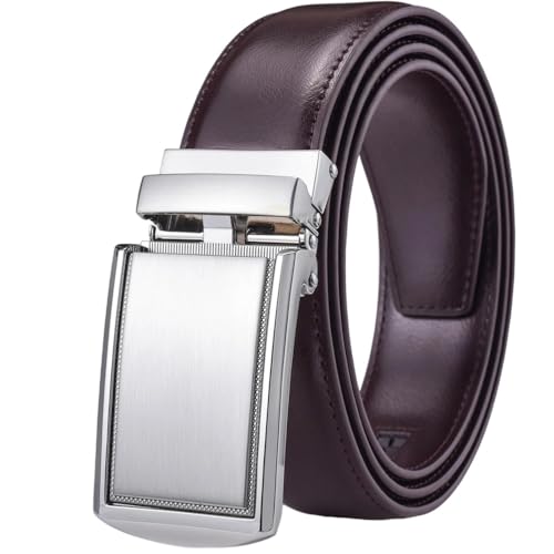 Men's Leather Ratchet Belt With Automatic Buckle 3.5Cm Wide Adjustable Dress Zd17 Sliver Coffee 160cm