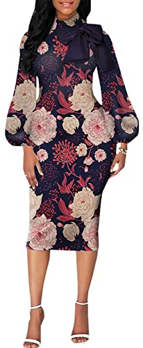 Image of Sexy Long Sleeve Dress for Women Solid Color Bow Knot Turtleneck Formal Gown Midi Casual Church Dresses