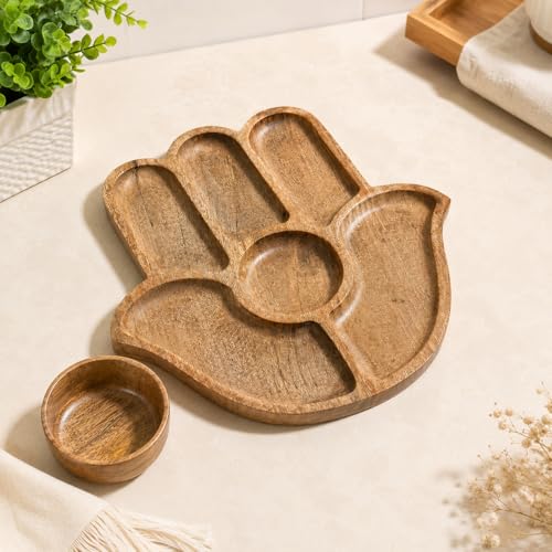Image of The Earth Store Wooden Hand Platter with Bowl (11 Inch) - Snack Serving Tray for Fruits, Snacks, Desserts & Finger Food