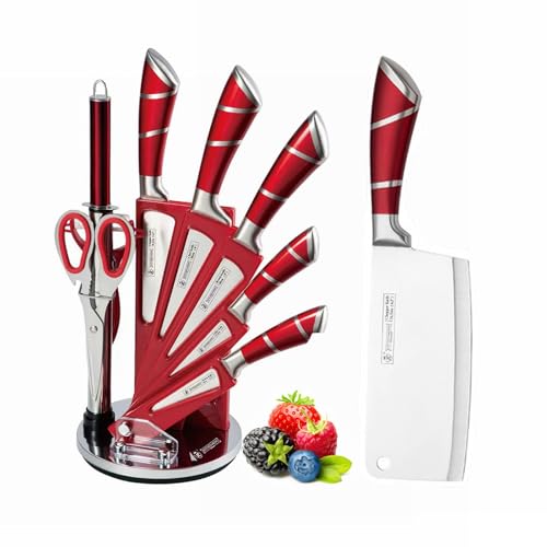 Kitchen Knife Set, 9Pcs Red Knife Set with Rotation Block, Ergonomical Handle,Non Stick Sharp Stainless Steel Chef Knife Block Set for Home Cooking Gift
