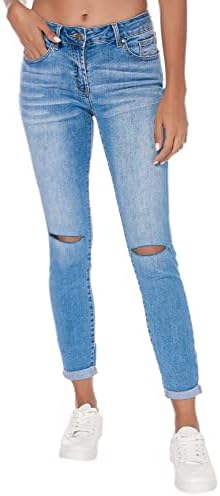 Resfeber Women's Ripped Boyfriend Jeans Stretch Distressed Jeans Capri Mom Jean with Hole
