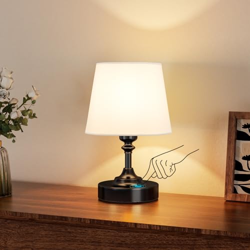 PreeOtti Petite Lampe de Chevet Tactile, LED Lampe de Table Sans Fil Batterie Rechargeable, Variateur Continu, Abat-jour en Lin Blanc, pour Chambre à Coucher Salon Cuisine Décoration(Noir)