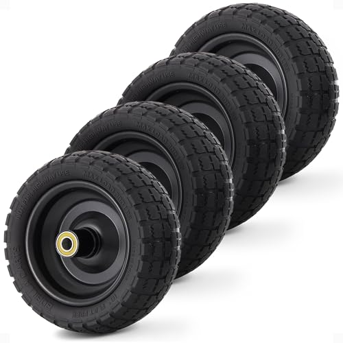 Gorilla Carts 4- Pack 10 Inch No-Flat Replacement Wheels Heavy Duty Solid Tire - Airless Polyurethane Tires w/ 2.16 Hub 5/8 Bore for Lawn & Garden Utility Cart and Hand Truck