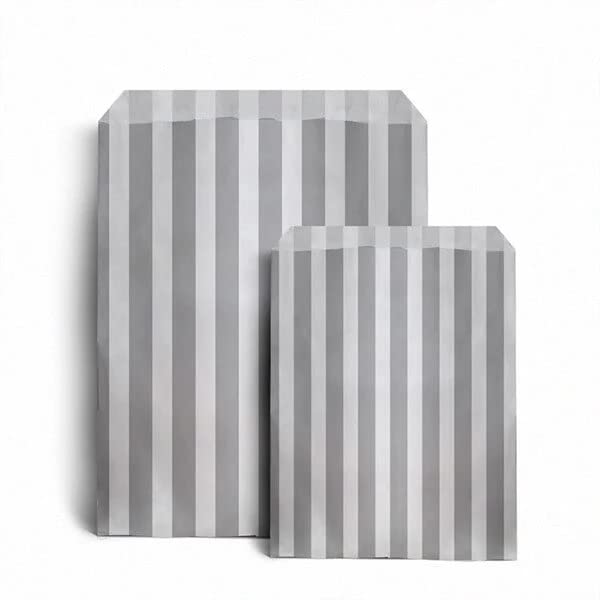Tezraftaarยฎ 100 x Striped Candy Paper Bags Sweet Wedding Buffet Party Favour Treat Cake Dessert Pick n Mix Bag (Grey, 7" x 9")
