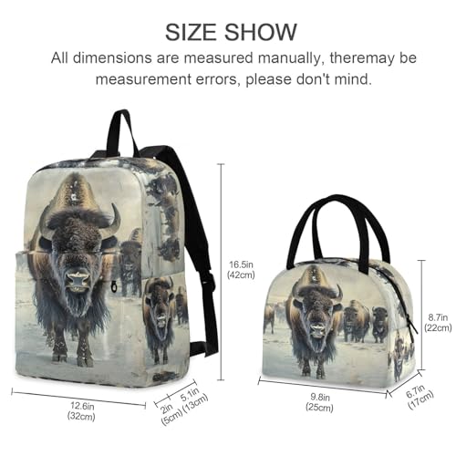 Backpack Lunch Bag Set Vintage Bison Herd Print, Big Storage Travel Backpacks with Insulated Lunch Box for Office Hiking Picnic2