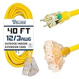 YOJOE - Cable de extensión amarillo de 40 pies, cable de extensión SJTW de calibre 12 de 3 puntas con enchufe de tierra de 3 puntas