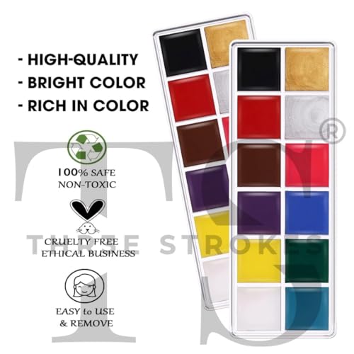 Image of THR3E STROKES Oil Based Face Body Painting Kit, 12 Colours, Black & White Halloween Makeup Palette, Hypoallergenic Body Paint for Costume Party, Special Effects