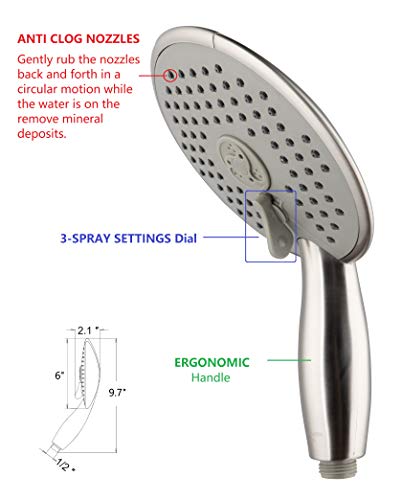 Ana Bath Anti-Clog Wide/Big High Pressure 6-Inch 3-Function Showerhead With Handheld Combo - Extra Long 8 Foot Stainless Steel Shower Hose/Brass Connector/Spot Resist Brushed Nickel Finish Ss323224Cbn #TOP1