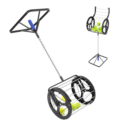 AGULIUM Tennis Ball Hopper, 80 Balls Capacity, Height Adjustable Tennis Ball Picker Upper, Rolling Collector Basket for Tennis Coaches and Players