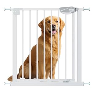 Auto-Close Baby Gate for Stairs & Doorways Dog Gate – Adjustable Steel Safety Gate with Dual Lock, Fits 29″-33″ Wide, Pressure Mount No Drilling (White, 30-33″ W x 30″ H)