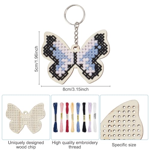 Image of FREEBLOSS 16 Set Wooden Cross Stitch Kits DIY Keychain Wooden Embroidery Set Butterfly Wooden Threading Kit with Instruction Sewing Kits for Ages 8-12 DIY Project Art Craft for Holiday Gift