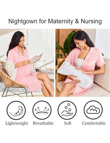 Image of Ekouaer Nightgowns for Women Bamboo Viscose Sleep Shirts Button Down Night Shirt Short Sleeve Boyfriend Pajama Dress