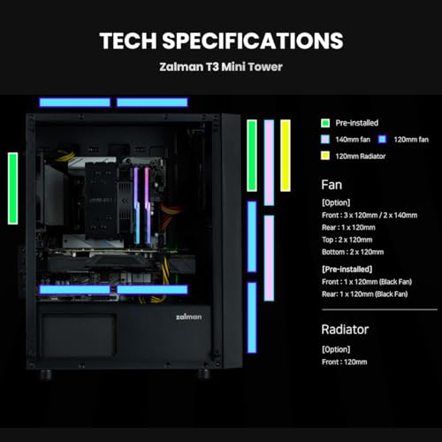 Zalman T3 Micro-ATX Desktop PC Case, Compact mATX Mini Tower, 2 x 120mm Fans Pre-Installed, Tempered Glass Side Panel, mATX, Mini-ITX Gaming Computer Chassis