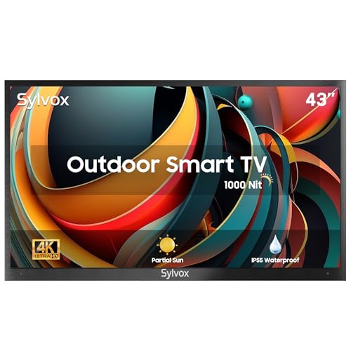 SYLVOX 43 Zoll Outdoor TV 1000Nits IP55 Wasserdicht,Smart Android TV 4K UHD. HDR 10 Dolby Audio Fernsehen, Sprachsuche. DTV&ATV,DVB-T/C/T2/S/S2 Google Assistant Built-in,für Terrasse Teilweise Sonne