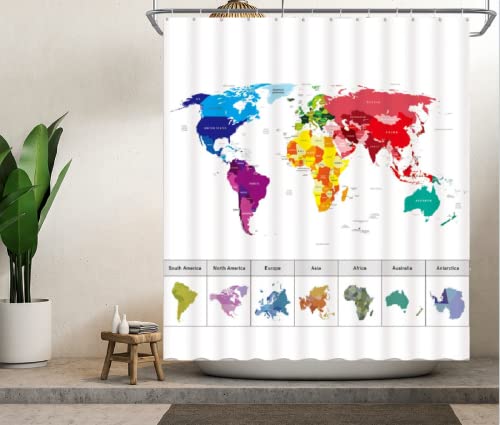 Livefun World Map Shower Curtain Education Fun Colorful Geography World Map With Countries Capital City Name For Bathroom Decoration Sets, 71 X 71 Inches Fabric With Hooks,White Blue Yellow #TOP14