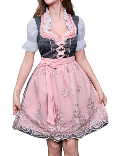 ABaoWedding Dirndl Damen 3 Teilig Midi Trachtenkleid Trachtenmode Trachtenrock Dirndlkleid inkl. Spitzendirndlschürze Bluse und Schwarz-rosa Dirndl(XL)