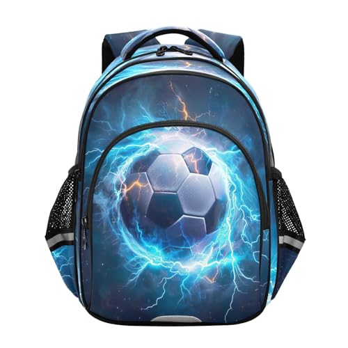 Mochila escolar primaria azul para niños y niñas de 8 a 14 años con balón fútbol