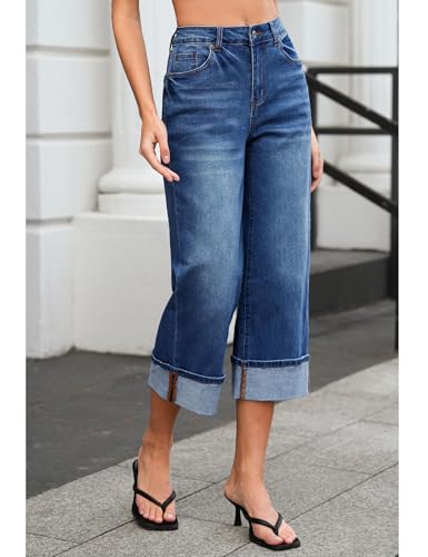 Vetinee Capris Jeans for Women Wide Leg High Waisted Trendy Fold Hem Summer Casual Stretchy Denim Jean Capri Pants3