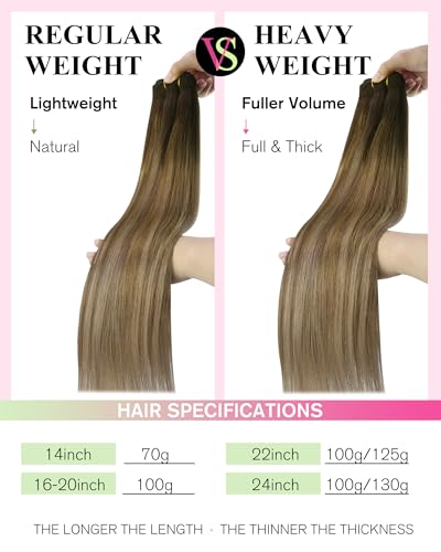 Image of YoungSee Sew in Human Hair Extensions Balayage Hand Tied Weft Hair Extensions Human Hair Sew in Extensions Chocolate Brown with Light Mix Golden Brown Balayage Straight Hair Bundle 16Inch 100G